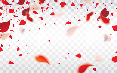 Falling romantic red hearty petals of flowers isolated on checkered background.