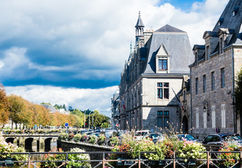 Quay of the River Ode overlooking the Finistere Prefecture in QUIMPER . Department of Finistere, Brittany, France