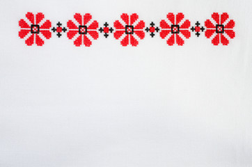 Element Handmade Embroidery on White Linen by Red and Black Cotton Threads.