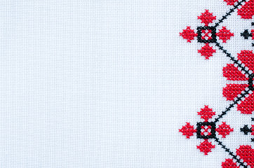 Element Handmade Embroidery on White Linen by Red and Black Cotton Threads.