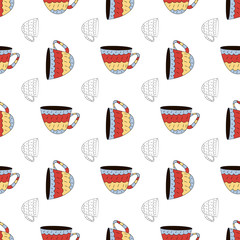 Vector seamless pattern of cups of coffee, tea, milk in Scandinavian style. Used for wallpapers, backgrounds, wrapping paper