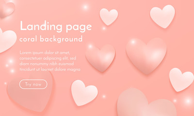 Coral romantic background with soft pink flying hearts and lights.