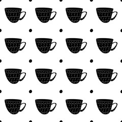 Vector seamless pattern of cups of coffee, tea, milk in Scandinavian style. Used for wallpapers, backgrounds, wrapping paper