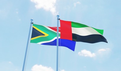 UAE and South Africa, two flags waving against blue sky. 3d image
