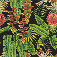 Fototapeta na wymiar Green leaves and red flowers seamless pattern black background