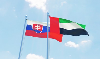 UAE and Slovakia, two flags waving against blue sky. 3d image