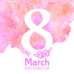 8 March, International Womens Day vector greeting card. Typographic composition with big eight, rose flowers and congratulations. Colorful watercolor stains background, pink, orange, magenta colors.