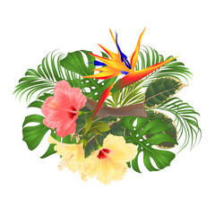 Bouquet with tropical flowers  floral arrangement with beautiful pink and yellow hibiscus and Strelitzia palm,philodendron and ficus vintage vector illustration  editable hand draw