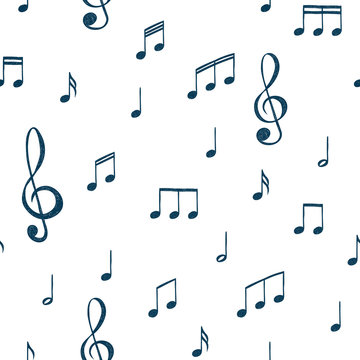 Music notes pattern. Music doodles background. Piano keys. Treble clef. Hand drawn effect vector. G-clef. Scribbles. Audio. Piano. Symphony. Song. Sing. Melody. Classic music.