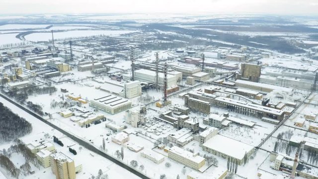 Aerial view of chemical industry plant in winter. Air pollution industry. Carcinogenic harm concept