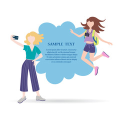 Colored decorative cover with girls who make selfie on white background.Flat style illustration