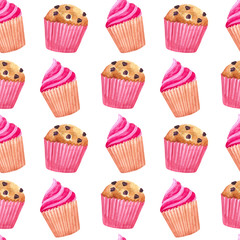 seamless pattern of watercolor desserts and pastries : cakes, pastries, muffins, donuts. Suitable for packaging and decoration of pastries and sweets.