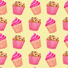 seamless pattern of watercolor desserts and pastries : cakes, pastries, muffins, donuts. Suitable for packaging and decoration of pastries and sweets.