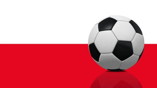 Realistic soccer ball on Poland flag background.