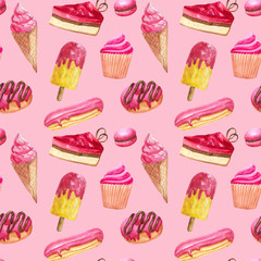 seamless pattern of watercolor desserts and pastries : cakes, pastries, candies, chocolate, eclairs, muffins, donuts, ice cream. Suitable for packaging and decoration of pastries and sweets.