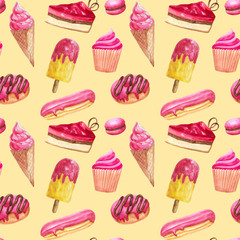 seamless pattern of watercolor desserts and pastries : cakes, pastries, candies, chocolate, eclairs, muffins, donuts, ice cream. Suitable for packaging and decoration of pastries and sweets.
