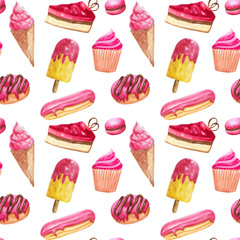 seamless pattern of watercolor desserts and pastries : cakes, pastries, candies, chocolate, eclairs, muffins, donuts, ice cream. Suitable for packaging and decoration of pastries and sweets.