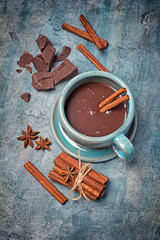 Obraz na płótnie Canvas Homemade spicy hot cocoa with cinnamon stick, anise stars and chocolate pieces