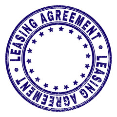 LEASING AGREEMENT stamp seal watermark with distress texture. Designed with round shapes and stars. Blue vector rubber print of LEASING AGREEMENT text with unclean texture.