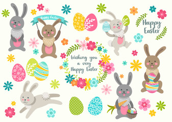 Set of cute Easter cartoon characters rabbits and design elements flowers. Easter bunny, eggs and flowers. Vector illustration