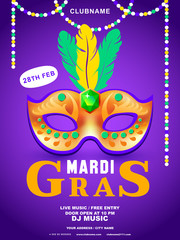 Fototapeta na wymiar Mardi gras or carnivale mask with feathers. Beautiful Mardi gras concept design for poster, greeting card, party invitation, banner or flyer. Vector Illustration. Mardi gras background