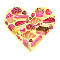 template from watercolor desserts and pastries in the shape of a heart: cakes, pastries, sweets, chocolate, eclairs, muffins, donuts. Suitable for packaging and decoration of pastries and sweets.