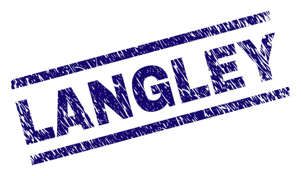 LANGLEY seal watermark with scratced style. Blue vector rubber print of LANGLEY label with corroded texture. Text label is placed between parallel lines.