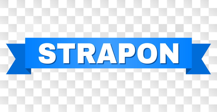 STRAPON text on a ribbon. Designed with white title and blue stripe. Vector banner with STRAPON tag on a transparent background.