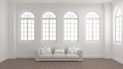 Room of interior with white wall, wooden floor, arched windows and a sofa with bright light outside. Concept of new planning home, start to moving in or mock up room for your product. 3d illustration.