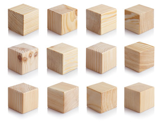Large-format collection of wooden cubes, isolated on white background