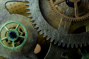 Cog-wheels of the old broken mechanism by close-up.