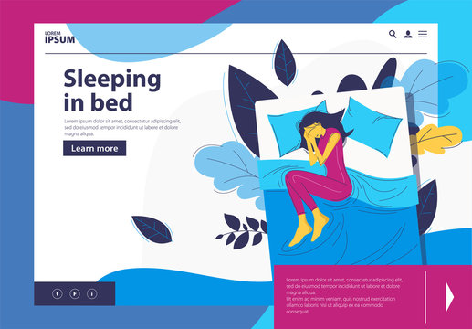 Girl sleeping in bed at night, on the background of leaves and plants.landing page design template