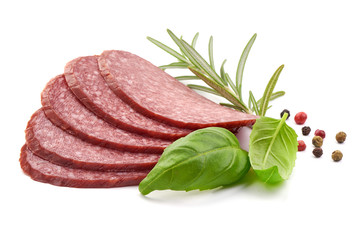 Thin Smoked Salami Slices, close-up, isolated on a white background