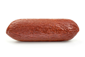 Dried Smoked Salami, close-up, isolated on a white background
