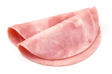 Boiled Ham Slices, close-up, isolated on a white background
