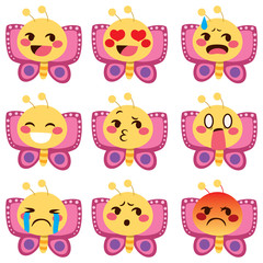 Set of cute butterfly mascot emoji different face expressions