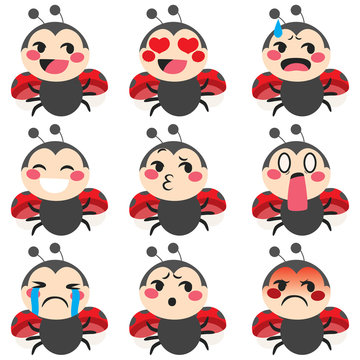 Set of cute ladybug mascot emoji different face expressions