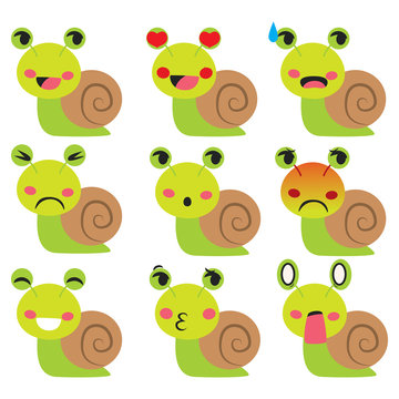 Set of cute snail mascot emoji different face expressions