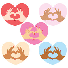 Set collection of love symbol female hands on different color