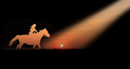 Sunny cowboy riding on galloping horse on sunlight field.Beautiful art background with horseback, equine and girls silhouette on red colorful sunset. © Max