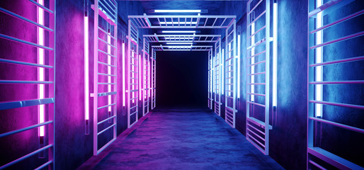 Neon Glowing Sci FI Futuristic Elegant Alien Modern Hi Tech  Purple Pink Blue Rectangle Metal Structure Corridor Tunnel Grunge Concrete Walls Empty Background 3D Rendering