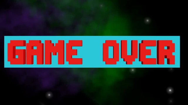 Game over, play again outro, pixelated lettering, rotating horizontal block, 3d animation on animated space background with stars, nebula and meteorits, FullHD video