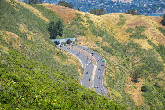 Aerial view of the entrance to Robin Williams tunnel, Marin County, San Francisco bay area, California