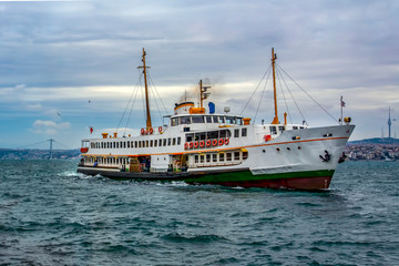 Naklejka premium Beautiful View touristic landmarks from sea voyage on Bosphorus. turkish steamboats, view on Golden Horn.