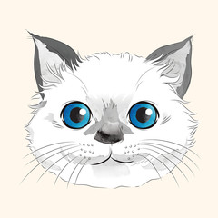 Watercolor illustration of happy white kitty head with blue eyes and long whiskers