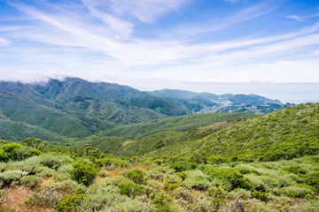 Fototapeta na wymiar Fog covering the verdant hills and valleys of Montara mountain (McNee Ranch State Park), California
