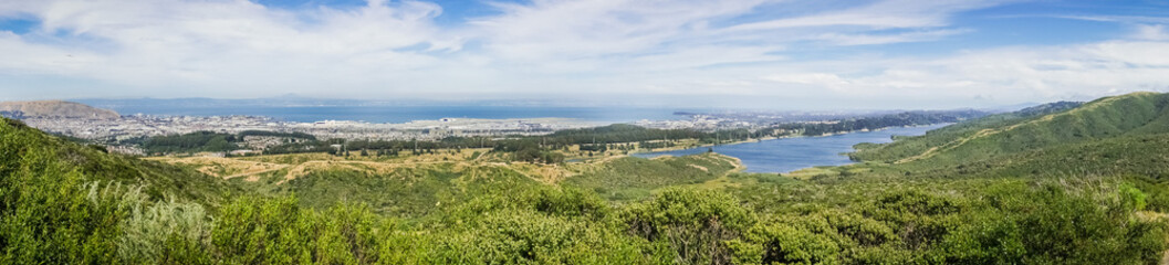 Fototapeta na wymiar Panoramic view of San Francisco International airport and San Andreas reservoir; San Francisco bay, California