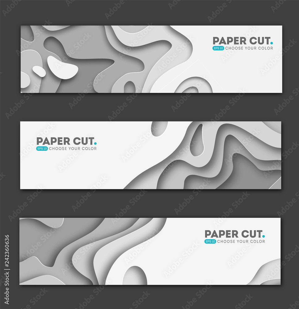 Poster horizontal banners with 3d abstract background, white paper cut shapes. vector design layout for bus