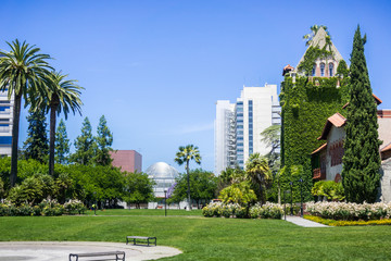 Old building at the San Jose State University; the modern City Hall building in the background; San...