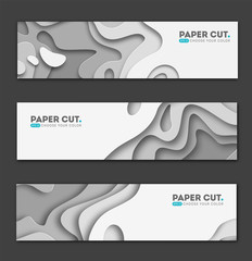 Horizontal banners with 3D abstract background, white paper cut shapes. Vector design layout for business presentations, flyers, posters and invitations. Carving art